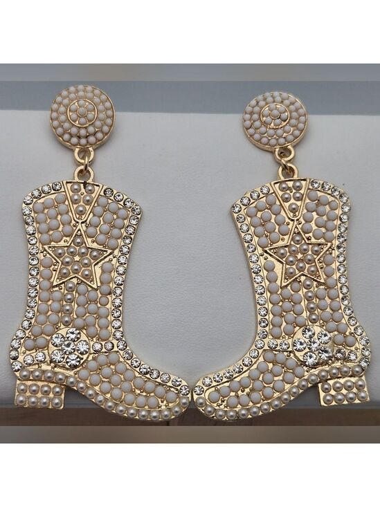 Party Jewelry - ✨2/$10✨ Western Boot Statement Stud Earrings 2.5" Rhinestone & Pearl Gold Tone